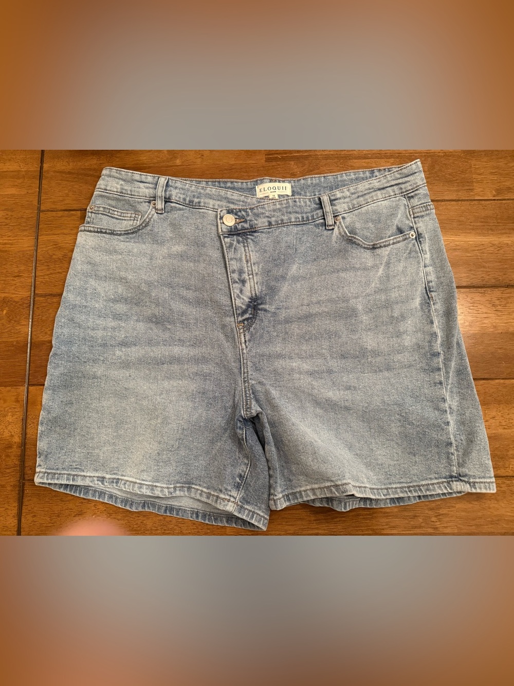 ELOQUII Denim Jean Shorts Plus Size High-Rise Light Wash Asymmetrical button